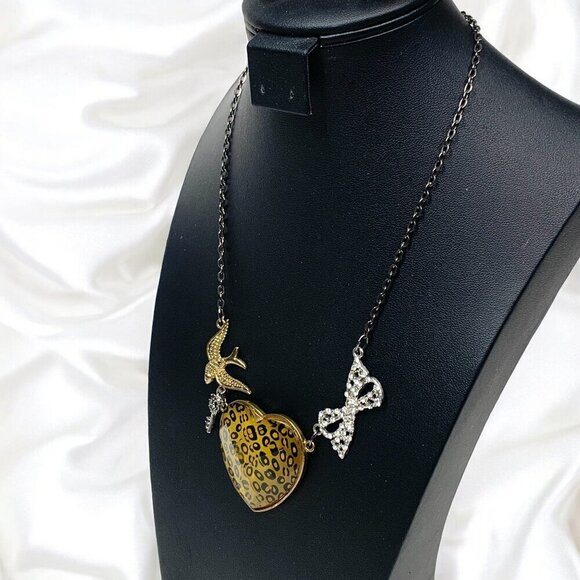 Bird Key Heart Bow Whimsical Silver Chainlink Necklace Crystal Animal Print 18"L - Picture 4 of 6